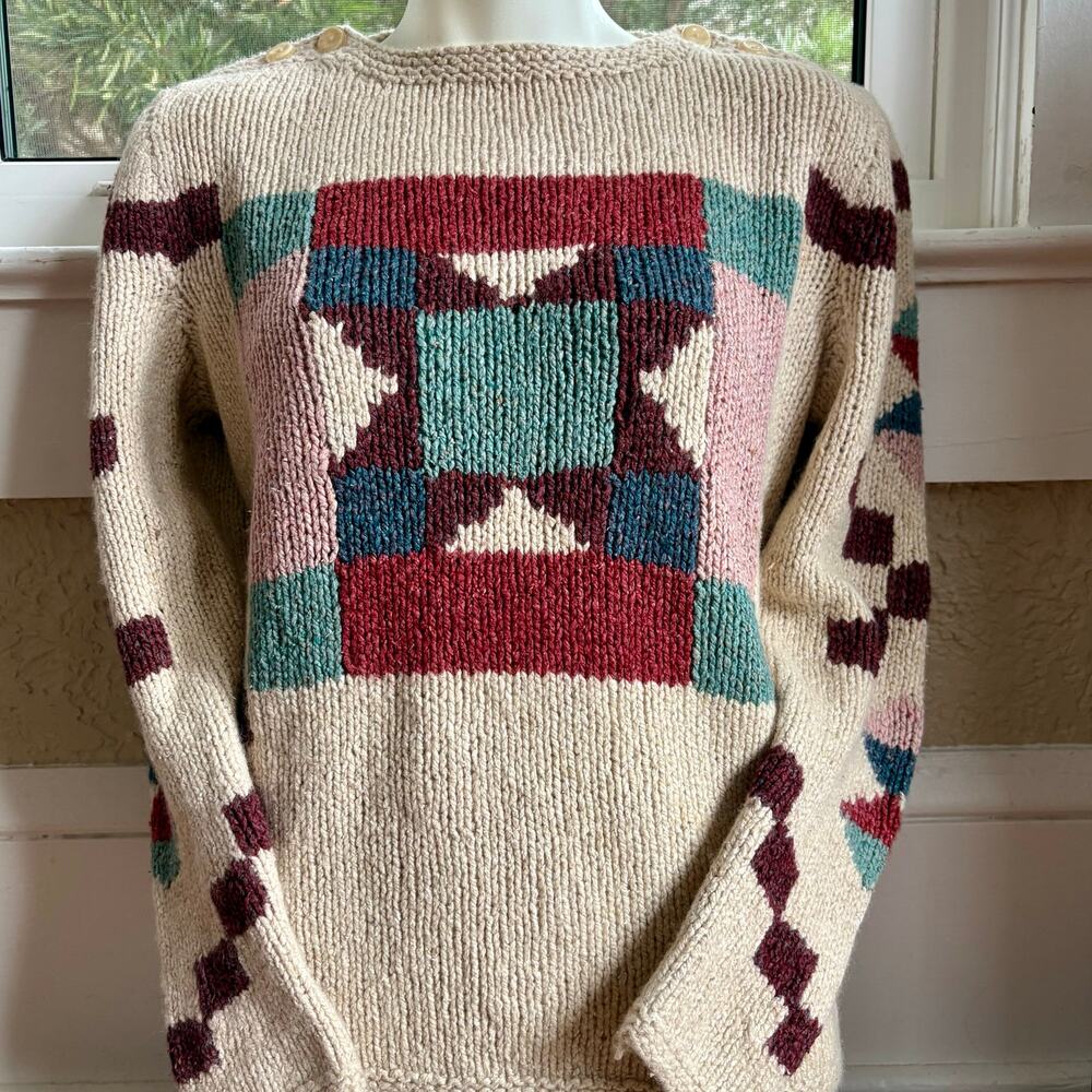 Vintage Handmade Geometric Wool Blend Knit Sweater Woman Small